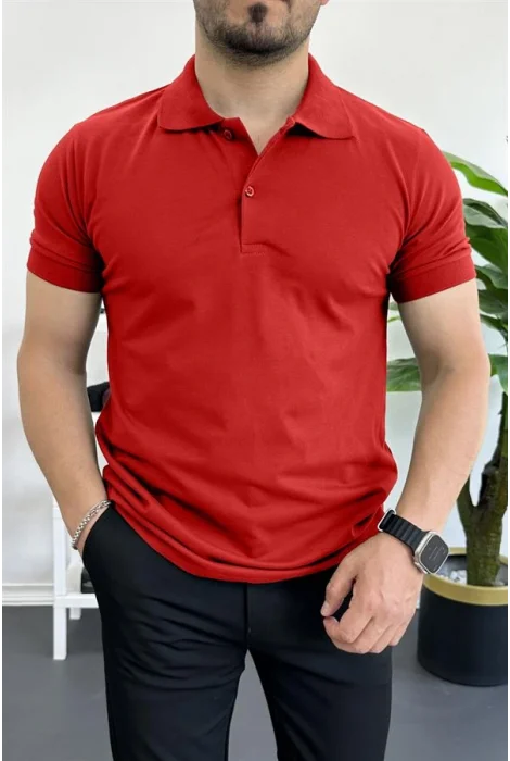 Erkek Slim Fit Düz Renk Pamuklu Soft Polo Tişört Kırmızı Edw365