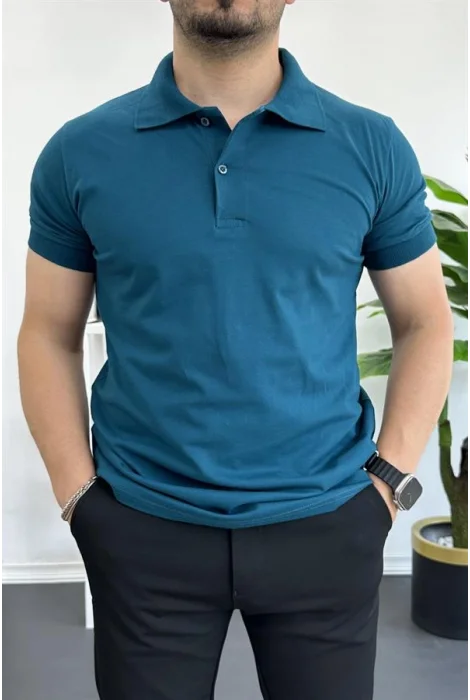 Erkek Slim Fit Düz Renk Pamuklu Soft Polo Tişört Mavi Edw365