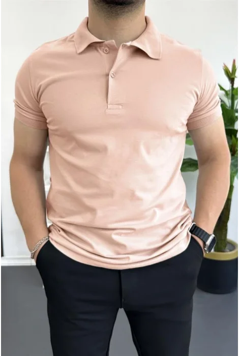 Erkek Slim Fit Düz Renk Pamuklu Soft Polo Tişört Pembe Edw365