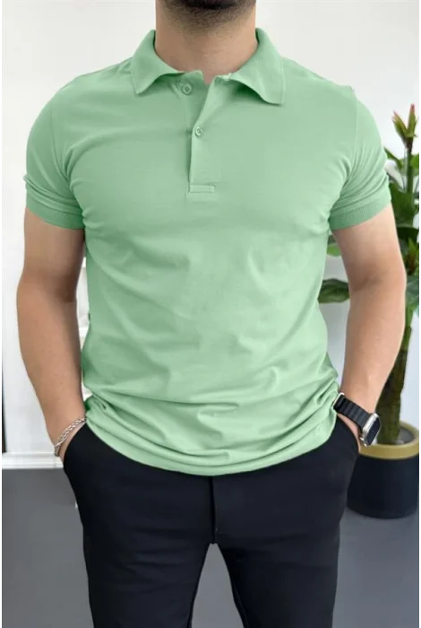 Erkek Slim Fit Düz Renk Pamuklu Soft Polo Tişört Su Yeşili Edw365