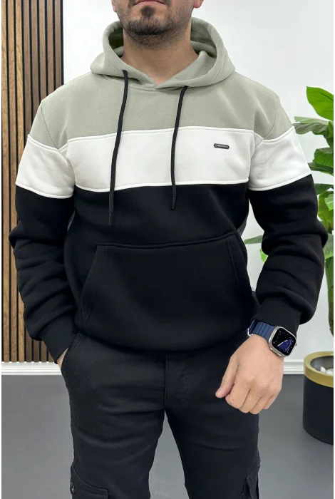 Erkek Slim Fit Renk Bloklu Kapüşonlu Sweatshirt Gri Edw438
