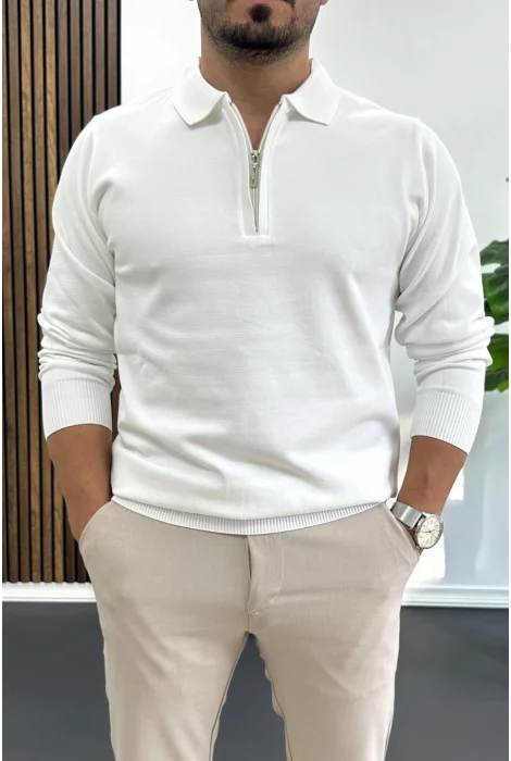 Erkek Yarım Fermuarlı Düz Desen Polo Yaka Kazak Beyaz Edw424
