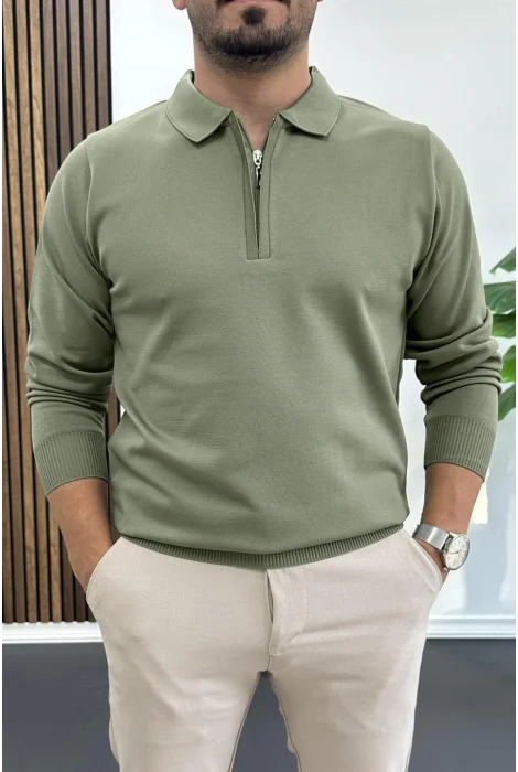 Erkek Yarım Fermuarlı Düz Desen Polo Yaka Kazak Haki Edw424