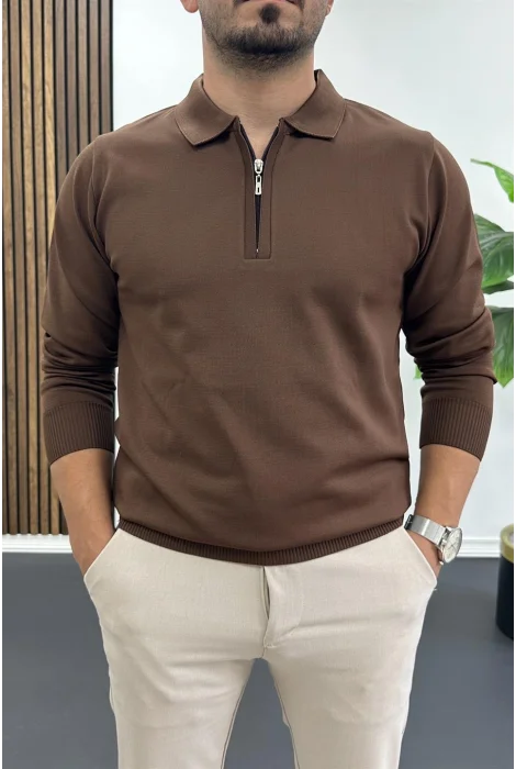 Erkek Yarım Fermuarlı Düz Desen Polo Yaka Kazak Kahverengi Edw424