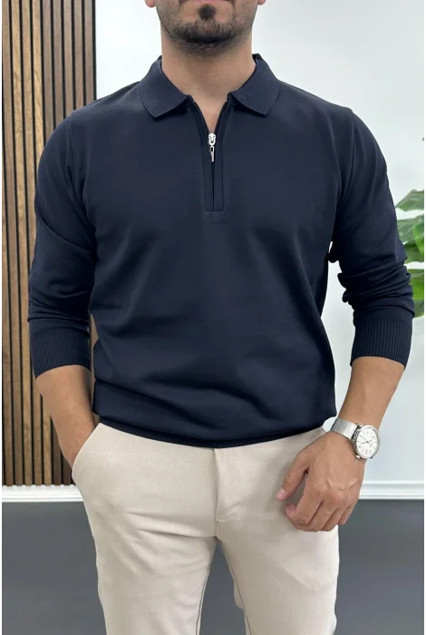 Erkek Yarım Fermuarlı Düz Desen Polo Yaka Kazak Lacivert Edw424