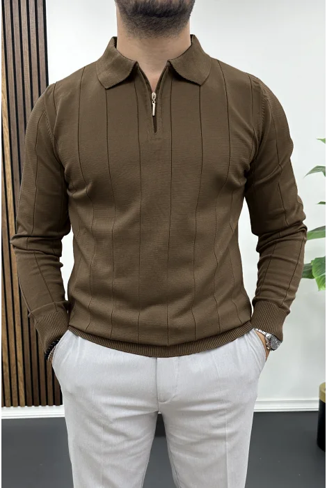 Erkek Yarım Fermuarlı Polo Yaka Mevsimlik Kazak Açık Kahverengi Edw195