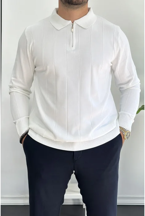 Erkek Yarım Fermuarlı Polo Yaka Mevsimlik Kazak Beyaz Edw195