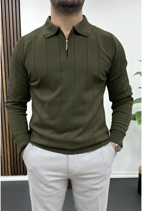 Erkek Yarım Fermuarlı Polo Yaka Mevsimlik Kazak Koyu Yeşil Edw195