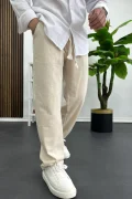 Erkek Pamuklu Keten Görünümlü Pantolon Krem Edw443