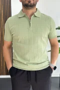 Erkek Slim Fit Fermuarlı Polo Yaka Tişört Açık Yeşil Edw452