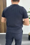 Erkek Bisiklet Yaka Çizgili Tişört Lacivert Edw456