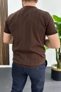 Erkek Bisiklet Yaka Çizgili Tişört Kahverengi Edw456
