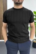 Erkek Bisiklet Yaka Çizgili Tişört Siyah Edw456