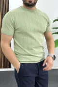 Erkek Bisiklet Yaka Çizgili Tişört Açık Yeşil Edw456