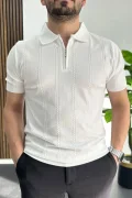 Erkek Desenli Polo Yaka Tişört Beyaz Edw457