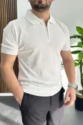 Erkek Desenli Polo Yaka Tişört Beyaz Edw457