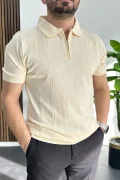Erkek Desenli Polo Yaka Tişört Krem Edw457