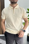 Erkek Desenli Polo Yaka Tişört Krem Edw457