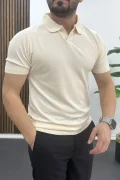 Erkek Açık Yaka Düz Tişört Krem Edw461