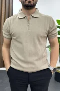 Erkek Nokta Desenli Polo Yaka Tişört Vizon Edw462
