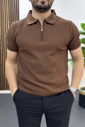 Erkek Nokta Desenli Polo Yaka Tişört Kahverengi Edw462