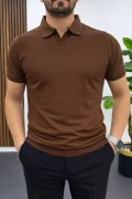 Erkek Açık Yaka Düz Tişört Kahverengi Edw461