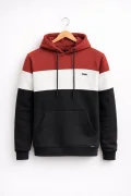 Erkek Slim Fit Renk Bloklu Kapüşonlu Sweatshirt Kırmızı Edw438