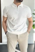 Erkek Slim Fit Fermuarlı Polo Yaka Tişört Beyaz Edw452