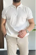 Erkek Slim Fit Fermuarlı Polo Yaka Tişört Beyaz Edw452