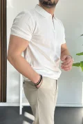 Erkek Slim Fit Fermuarlı Polo Yaka Tişört Beyaz Edw452