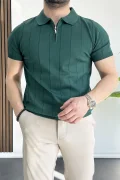 Erkek Slim Fit Fermuarlı Polo Yaka Tişört Yeşil Edw452