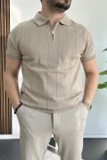 Erkek Slim Fit Fermuarlı Polo Yaka Tişört Vizon Edw452