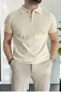 Erkek Slim Fit Fermuarlı Polo Yaka Tişört Krem Edw452