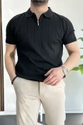 Erkek Slim Fit Fermuarlı Polo Yaka Tişört Siyah Edw452