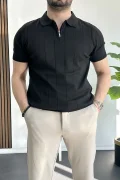 Erkek Slim Fit Fermuarlı Polo Yaka Tişört Siyah Edw452