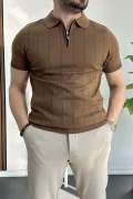Erkek Slim Fit Fermuarlı Polo Yaka Tişört Açık Kahve Edw452