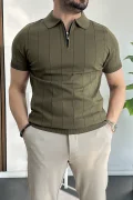 Erkek Slim Fit Fermuarlı Polo Yaka Tişört Haki Edw452