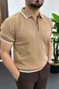 Erkek Polo Yaka Çizgili Tişört Açık Kahverengi Edw472