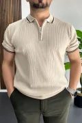 Erkek Polo Yaka Çizgili Tişört Krem Edw472