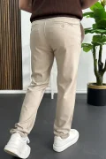 Erkek Slim Fit Beli Düğmeli Pantolon Krem Edw473