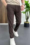 Erkek Slim Fit Beli Düğmeli Pantolon Kahverengi Edw473