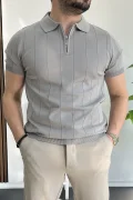 Erkek Slim Fit Fermuarlı Polo Yaka Tişört Gri Edw452