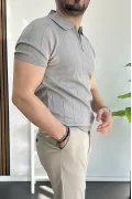 Erkek Slim Fit Fermuarlı Polo Yaka Tişört Gri Edw452