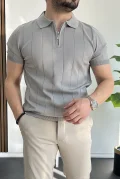 Erkek Slim Fit Fermuarlı Polo Yaka Tişört Gri Edw452