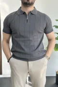 Erkek Slim Fit Fermuarlı Polo Yaka Tişört Antrasit Edw452