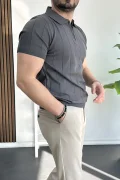 Erkek Slim Fit Fermuarlı Polo Yaka Tişört Antrasit Edw452