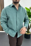 Erkek Pamuklu Keten Görünümlü Gömlek Su Yeşili Edw444