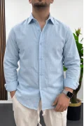 Erkek Pamuklu Keten Görünümlü Gömlek Açık Mavi Edw444