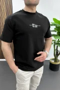 Erkek Kabartma Baskılı Slogan Tişört Siyah Edw490