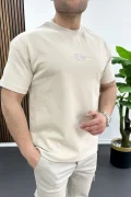 Erkek Kabartma Baskılı Slogan Tişört Krem Edw490